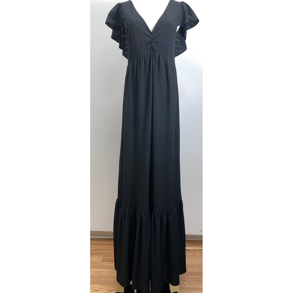 Betsey Johnson Black Eyelet Ruffle Flutter Sleeve Maxi Dress M Whimsigoth Boho